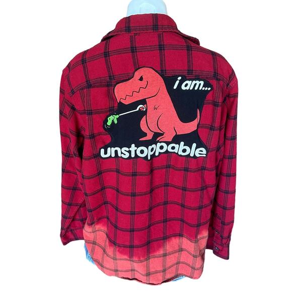 T-Rex Unstoppable Plaid Flannel Shirt Large Oversize Shacket Unique Upcycled - Picture 1 of 5